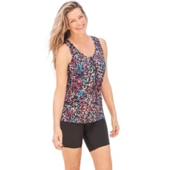 Swim 365 Women’s Plus Size Zip Front Posture Bra Tankini Top